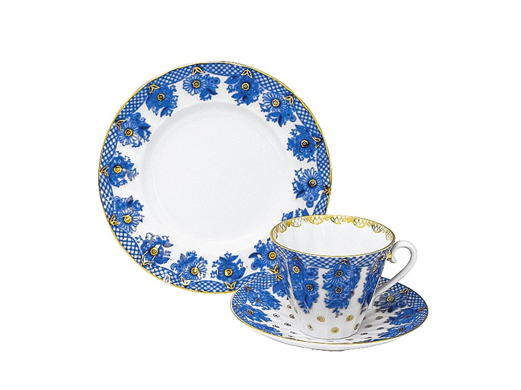 Lomonosov Porcelain Radiant Basket Tea Set 6/20: Tea Pot, Sugar Bowl, 6 Cups with Saucers and 6 Cake Plates