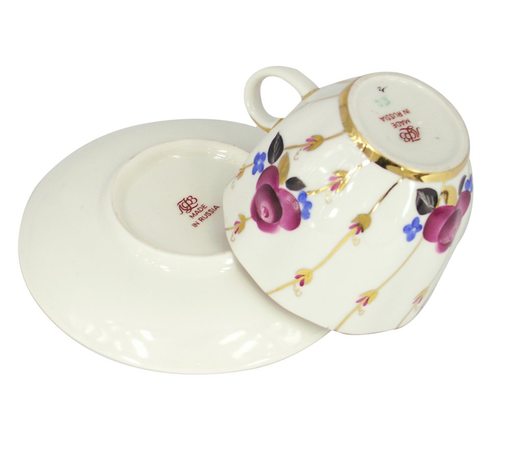 Lomonosov Porcelain Tulip Espresso Cup and Saucer Set Roses 4.7 oz/140 ml