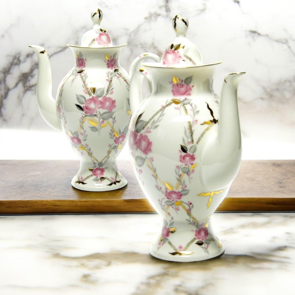 LOMONOSOV IMPERIAL BONE CHINA PORCELAIN COFFEE/TEA POT GALLANT 630 ml 21.3 oz, White, Pink, Green