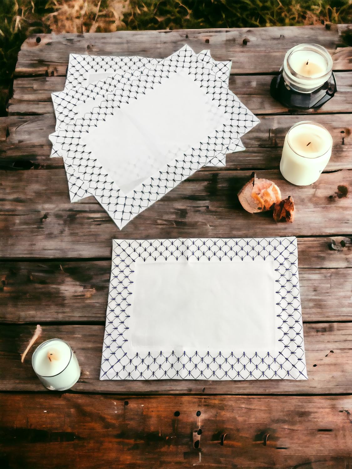 Lomonosov Embroidered Cobalt Net Patterns Table Accessories Set of 4