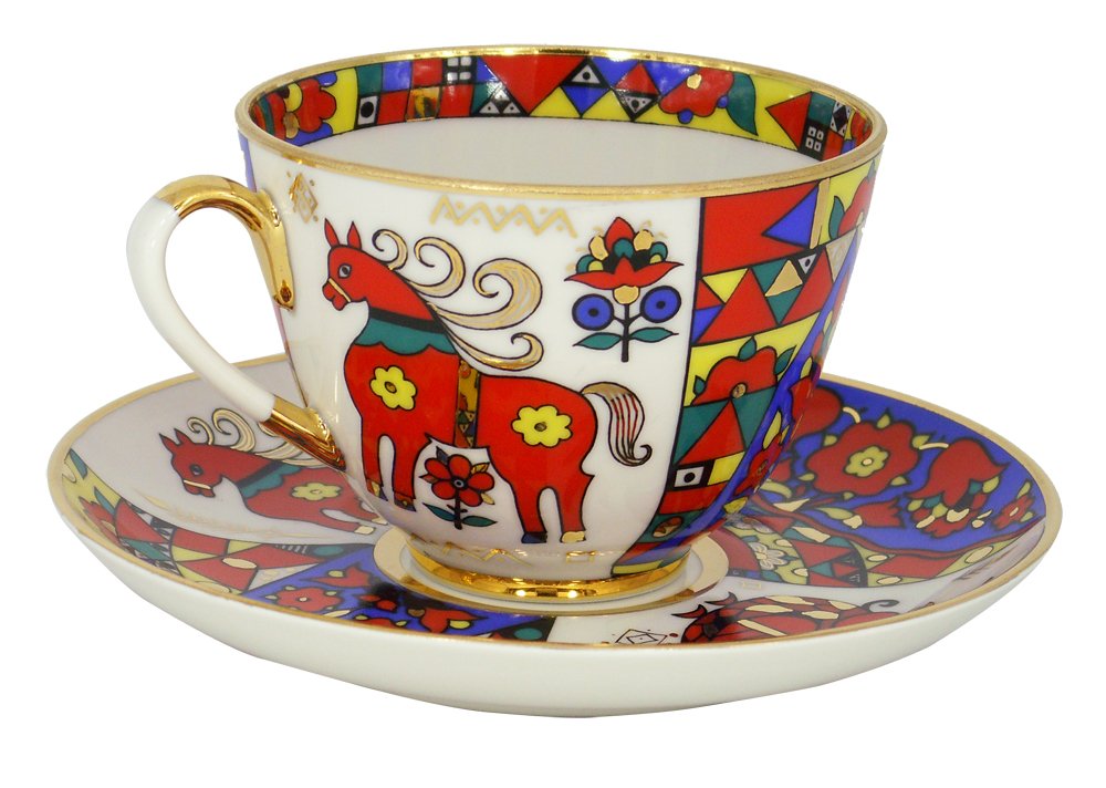 Lomonosov Porcelain Tea Set 2pc Cup and Saucer Spring Folk Designs 7.8 oz/230 ml
