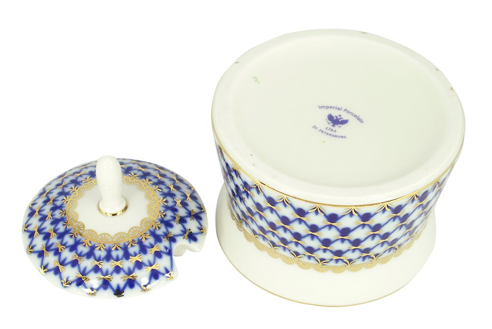Lomonosov Porcelain Dressing Bowl with Lid Cobalt Net 6.8 fl.oz/200 ml