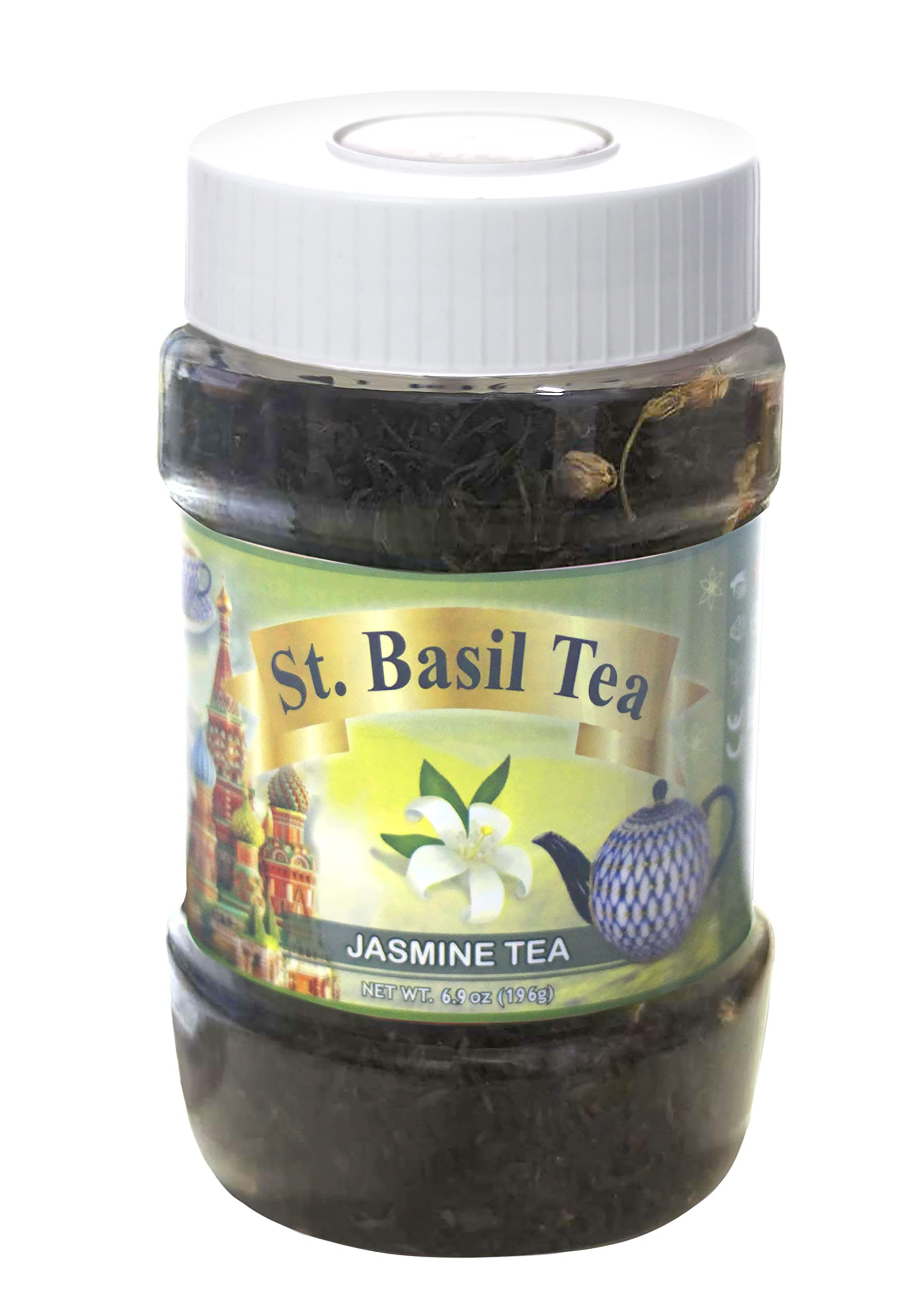 St. Basil Tea Jasmine Green Tea Loose Leaves with Jasmine Flowers 196 Grams Jar