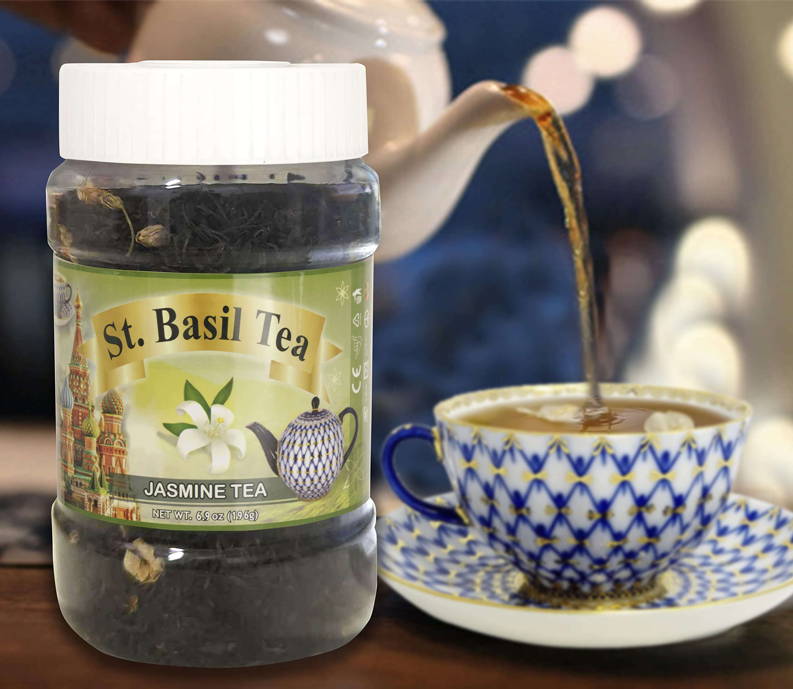 St. Basil Tea Jasmine Green Tea Loose Leaves with Jasmine Flowers 196 Grams Jar