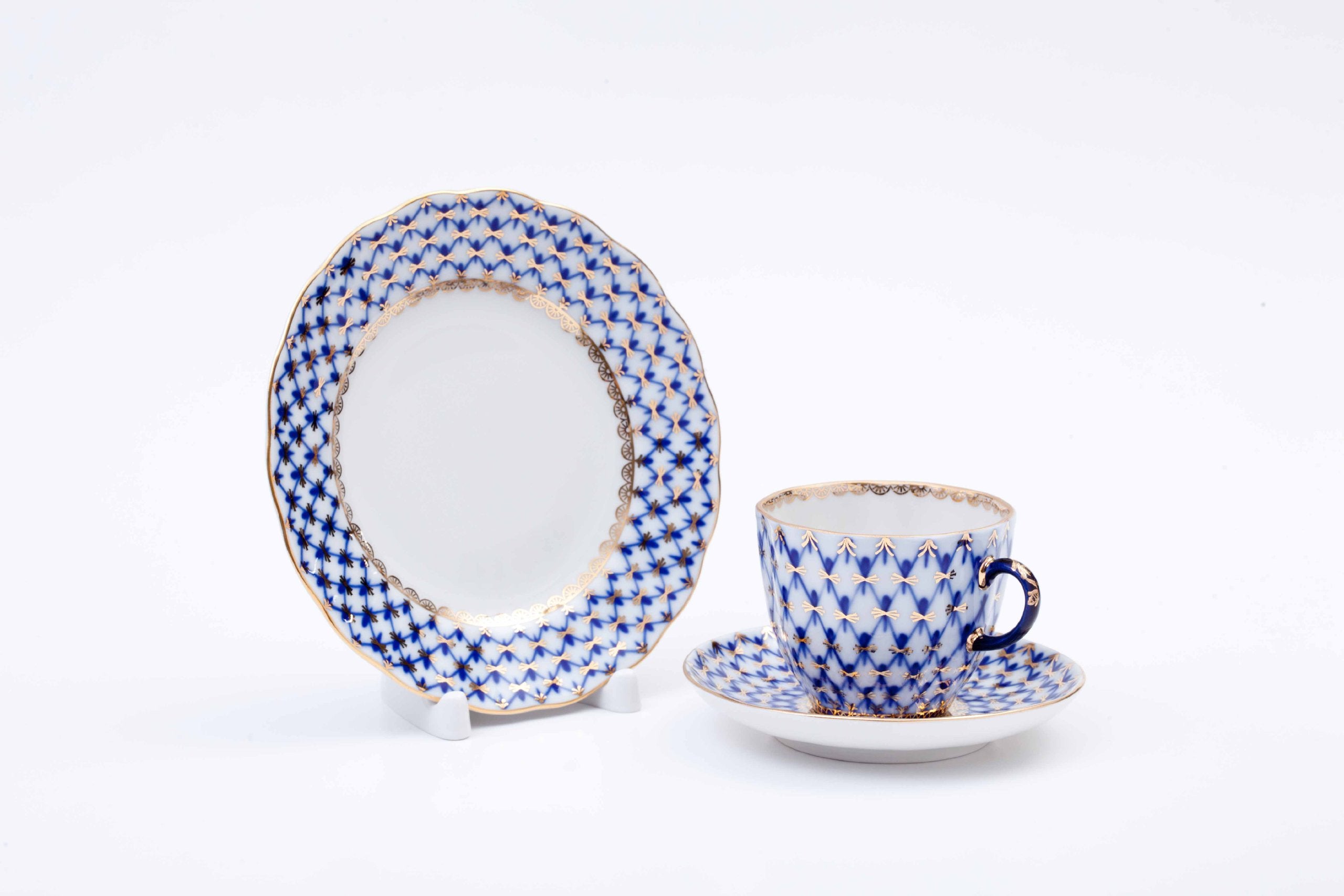 Lomonosov Three Pieces Coffee Set, Coffee Cup with Saucer and Dessert Plate, Tulip, Cobalt Net