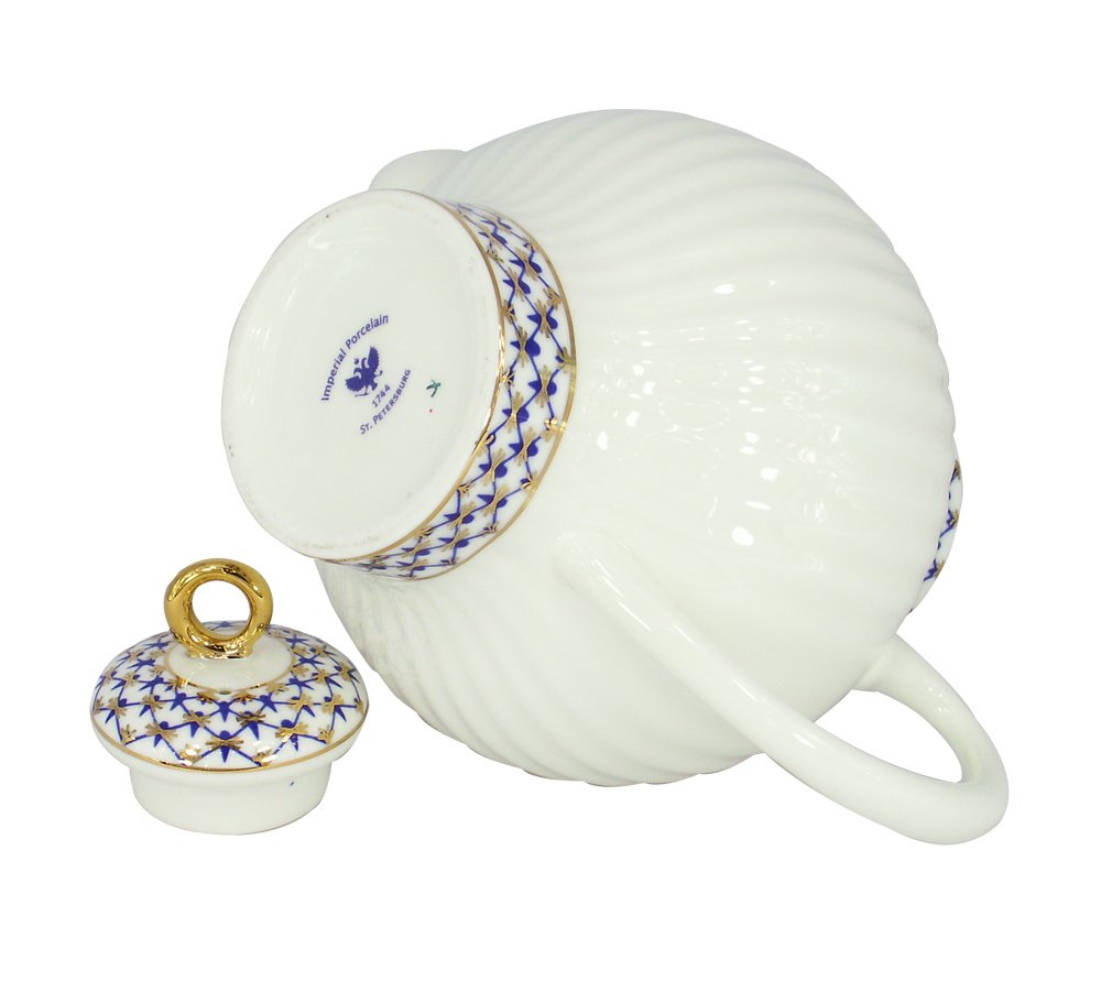 Lomonosov Porcelain Bone China Tea Pot Wave Cobalt Net 27 fl.oz/800 ml