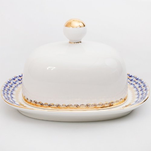 Imperial/Lomonosov Porcelain Butter Dish"Cobalt Net"