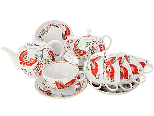 Red Butterflies Tulip Tea Set 20 Items Lomonosov Imperial Porcelain Factory