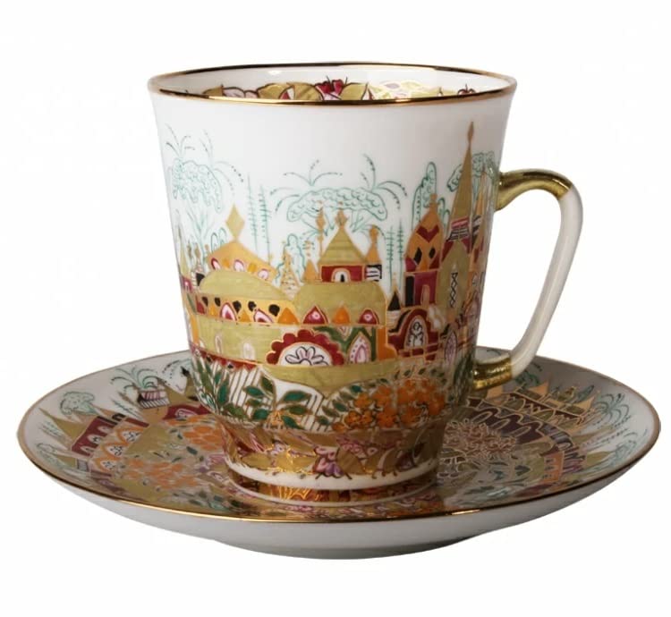 Lomonosov Porcelain Cup and Saucer May Golden Spring Bone China Hand Painted 5.6 fl.oz/165 ml