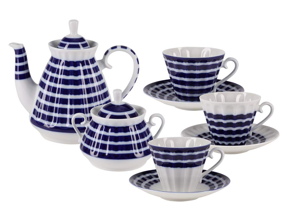 Lomonosov Porcelain Tea Set Blue Stripes 14 items for 6 persons