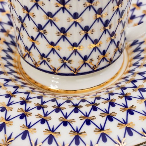 Imperial / Lomonosov Porcelain Teacup w/ Saucer "Cobalt Net"
