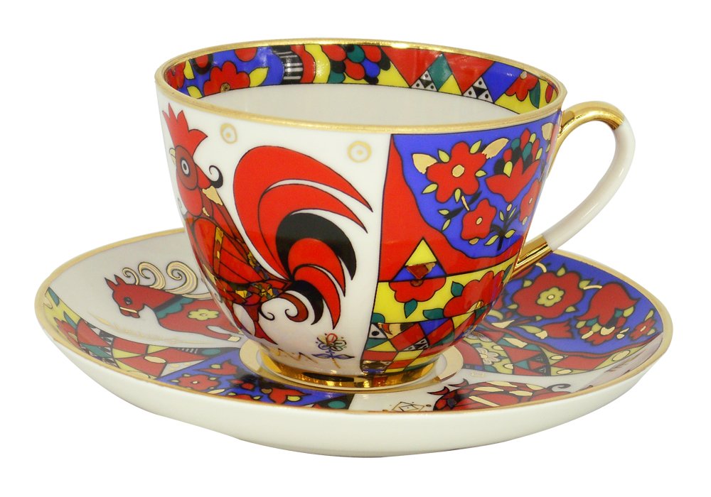 Lomonosov Porcelain Tea Set 2pc Cup and Saucer Spring Folk Designs 7.8 oz/230 ml