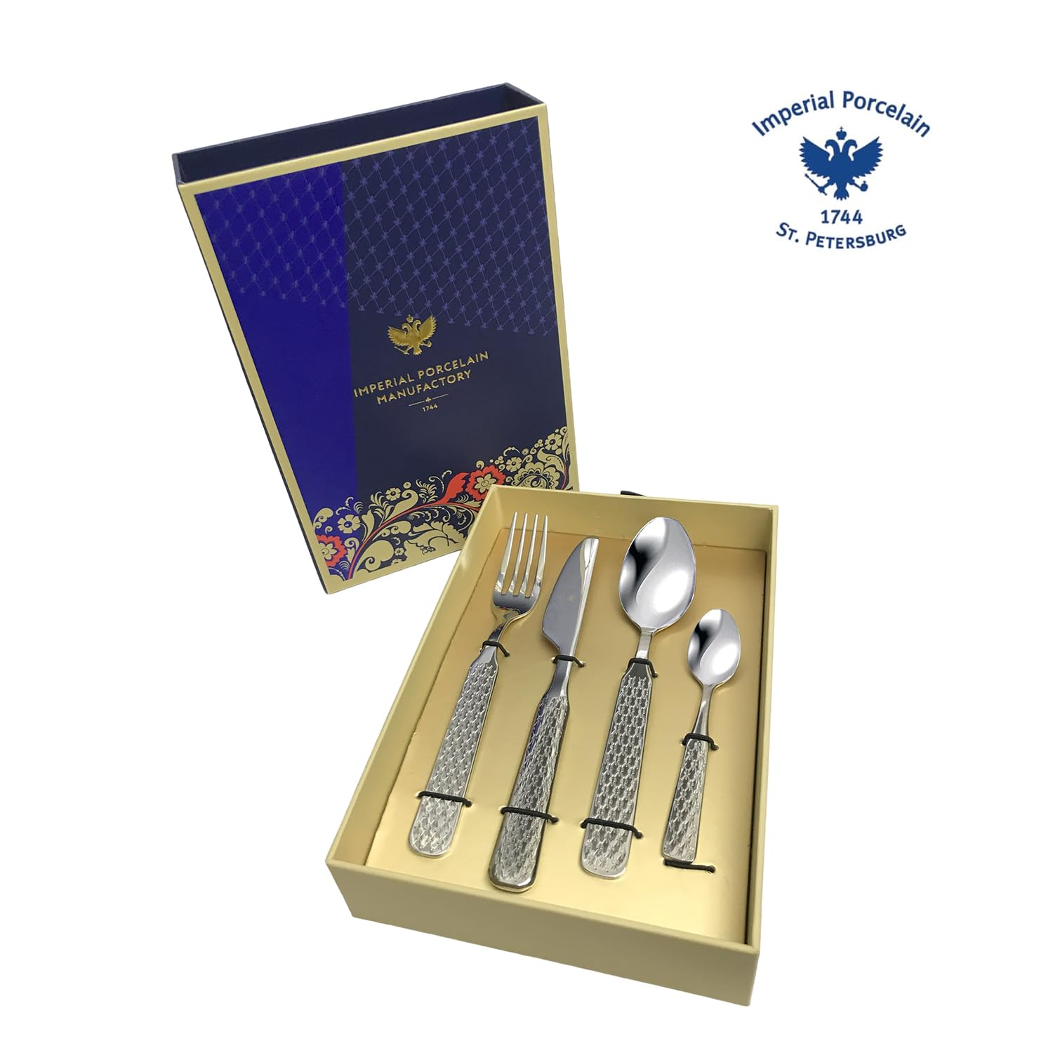 Lomonosov Imperial Porcelain Cobalt Net Blue Silverware Stainless Steel (Spoon, Fork, Knife) 4 Piece Set