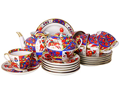 Lomonosov Porcelain Tea Set 6/20 Spring Folk Patterns: Tea Pot, Sugar Bowl, 6 Cups, Saucers and Cake Plates