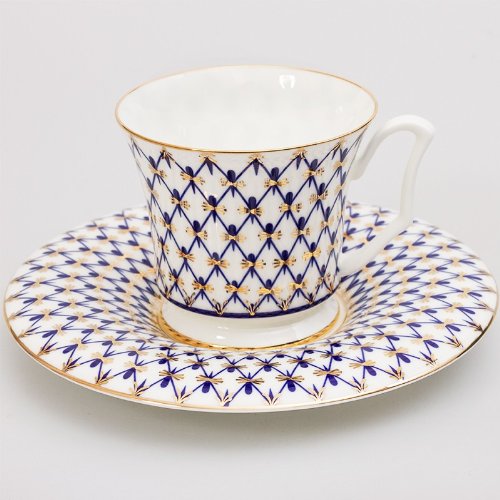 Imperial / Lomonosov Porcelain Teacup w/ Saucer "Cobalt Net"