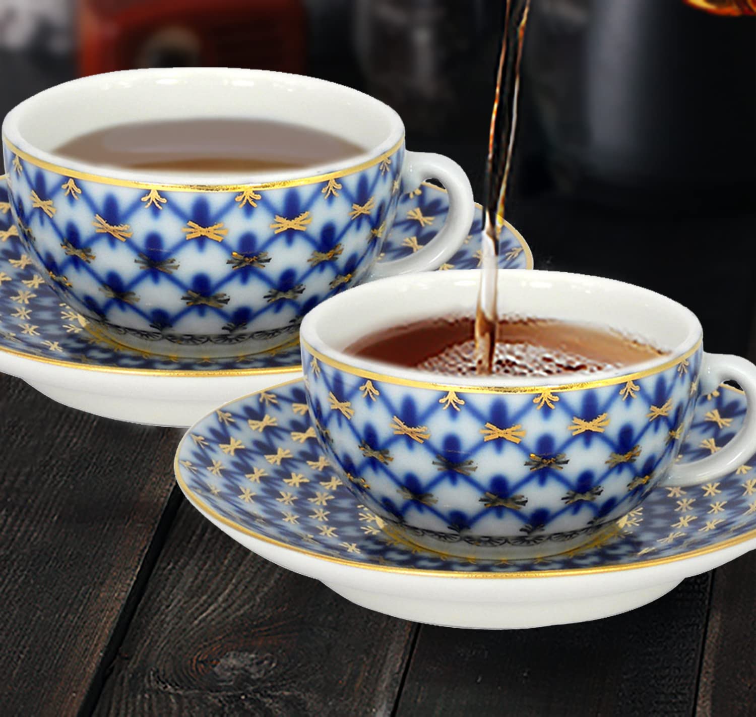 Lomonosov Imperial Porcelain Espresso Coffee Tea Cup with Saucer Cobalt Net