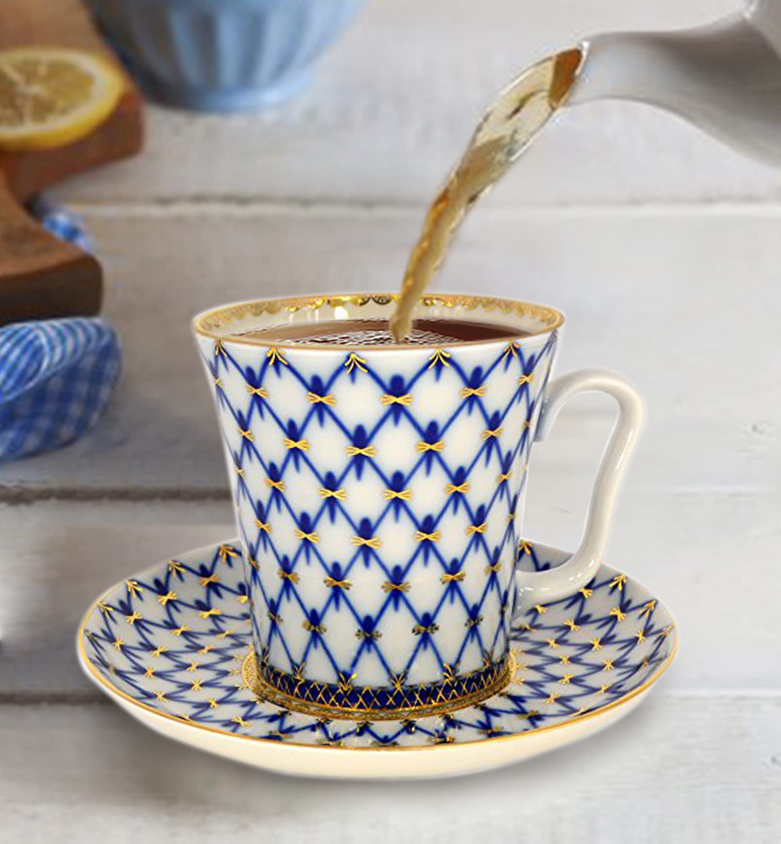 Lomonosov Imperial Porcelain Espresso Coffee Tea Cup with Saucer Cobalt Net