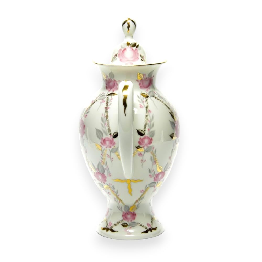 LOMONOSOV IMPERIAL BONE CHINA PORCELAIN COFFEE/TEA POT GALLANT 630 ml 21.3 oz, White, Pink, Green