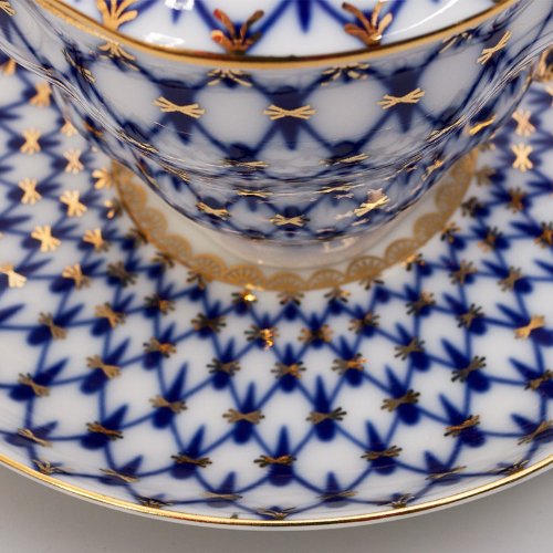 Imperial / Lomonosov Porcelain Cobalt Net Teacup w/ Saucer & Lid