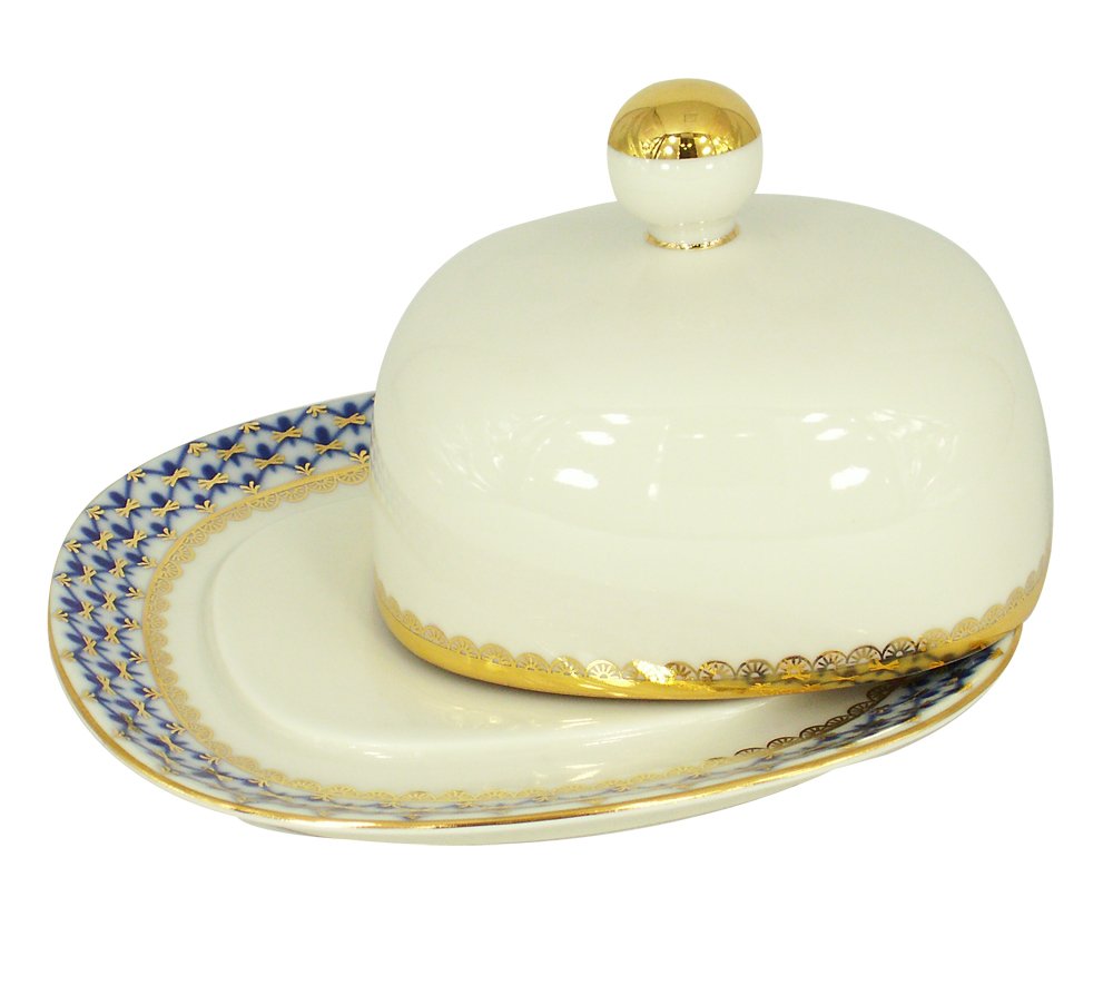 Lomonosov Porcelain Butter Holder Dish Rectangular Cobalt Net