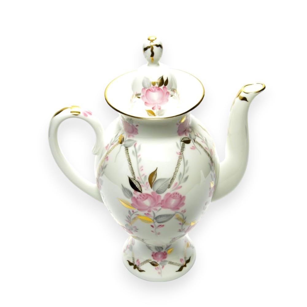 LOMONOSOV IMPERIAL BONE CHINA PORCELAIN COFFEE/TEA POT GALLANT 630 ml 21.3 oz, White, Pink, Green