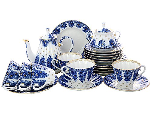 Lomonosov Porcelain Radiant Basket Tea Set 6/20: Tea Pot, Sugar Bowl, 6 Cups with Saucers and 6 Cake Plates