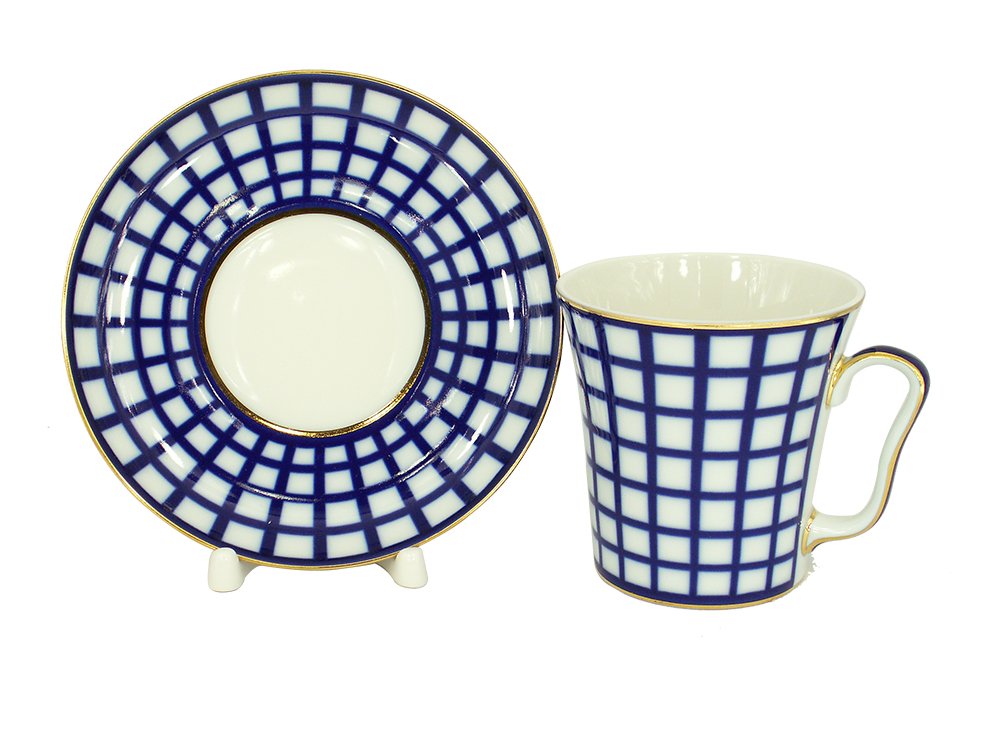 Lomonosov Porcelain Set Mug and Saucer 2pc Cobalt Cell 12.7 fl.oz