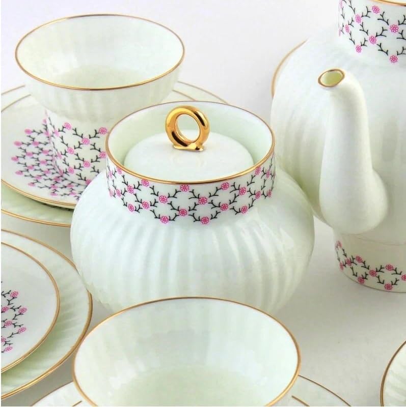 Bone China Tea Pot Wave Pink Net 27 fl.oz/800 ml and 2 Cups Lomonosov Porcelain Factory