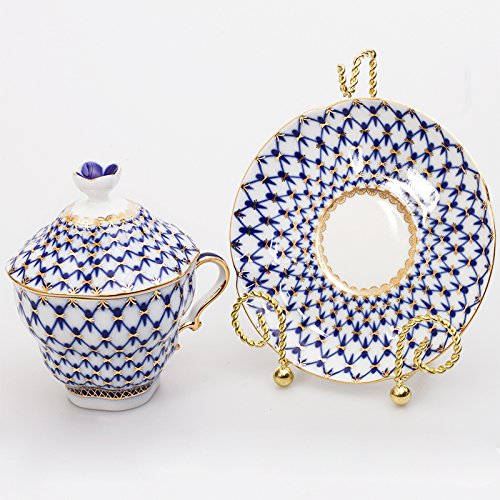 Imperial / Lomonosov Porcelain Cobalt Net Teacup w/ Saucer & Lid