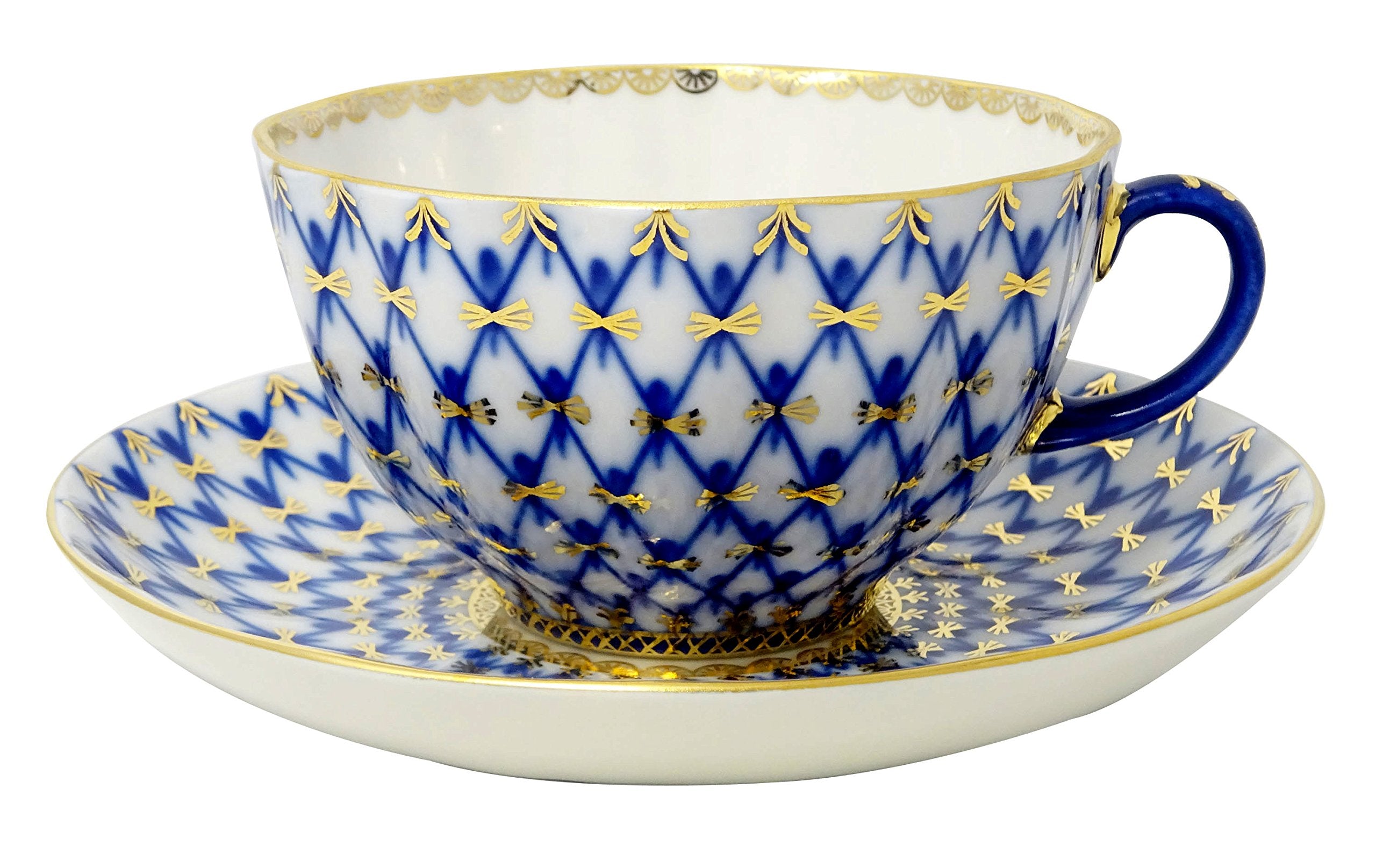 Lomonosov Porcelain Tulip Cobalt Net Tea Set 6/20: Tea Pot, Sugar Bowl, 6 Cups with Saucers and 6 Cake Plates.