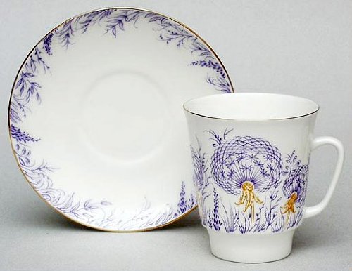 Lomonosov Porcelain Bone China Espresso Size Coffee Cup and Saucer 2pc Purple Dandellion
