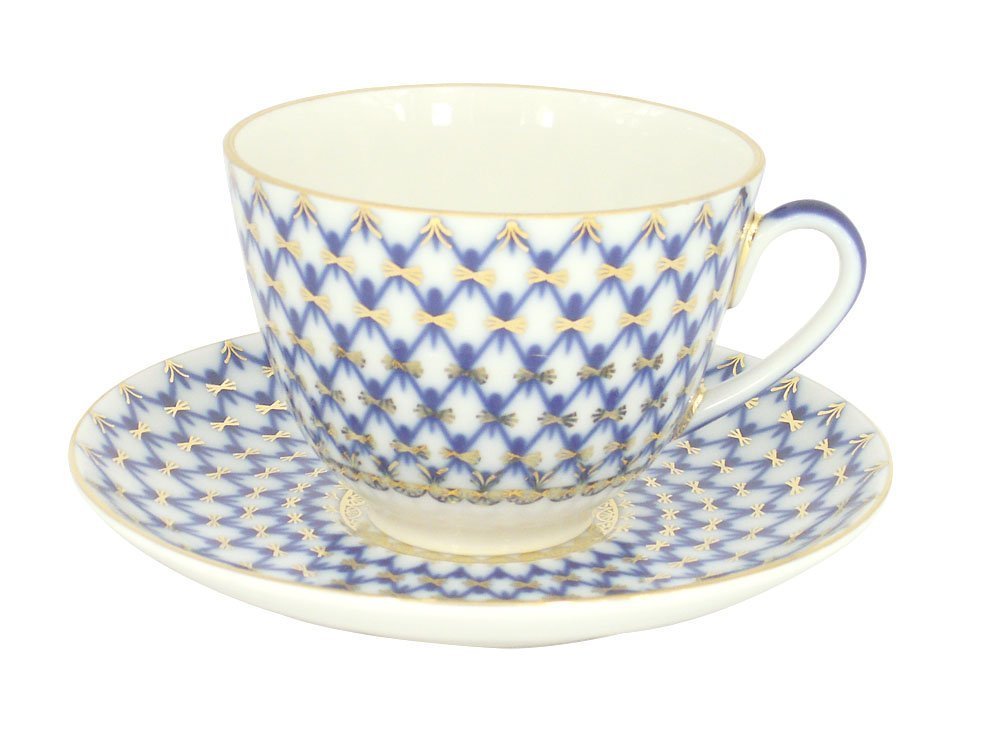 Lomonosov Porcelain Tea Set 3pc Cup, Saucer and Cake Plate Spring Cobalt Net 7.8 oz/230 ml
