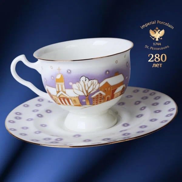 Lomonosov Porcelain Tea Cup and Saucer Snowfall Bone China 8.12 fl.oz/240 ml