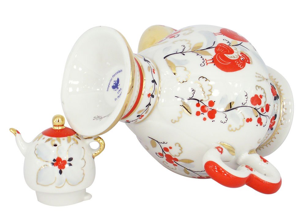 Lomonosov Porcelain Teapot Samovar Red Magic Birds 16.2 fl.oz/480 ml