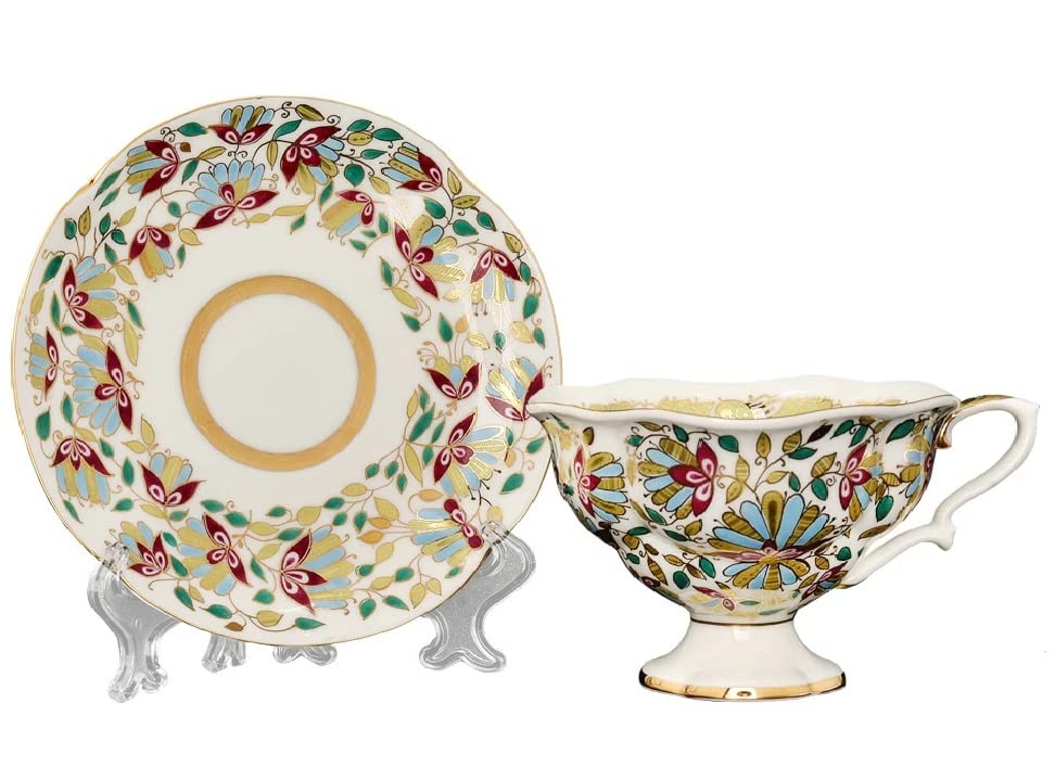 Lomonosov Porcelain Tea Set Cup and Saucer Natasha Pink Flowers Bone China 7.76 oz/220 ml