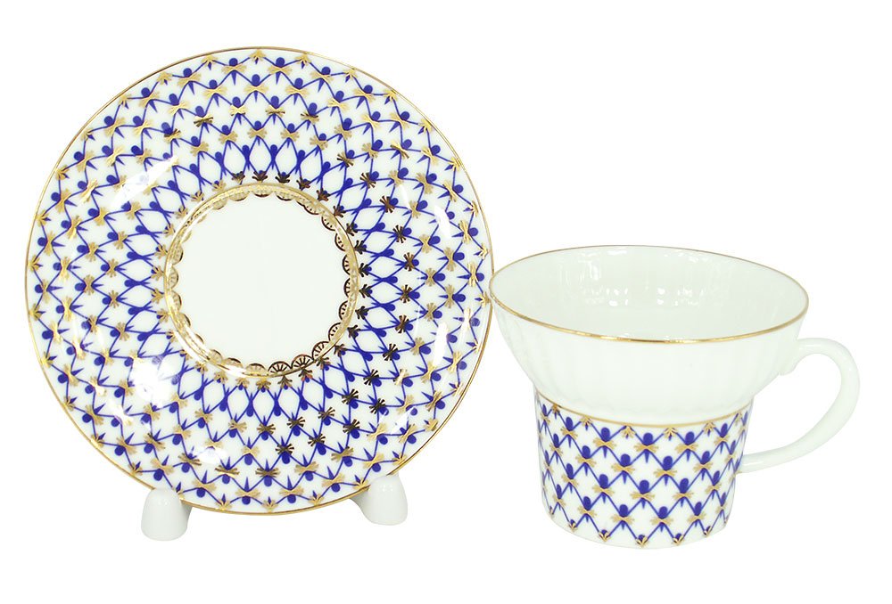 Lomonosov Porcelain Wave Coffee Cup, Saucer and Dessert Plate 3pc