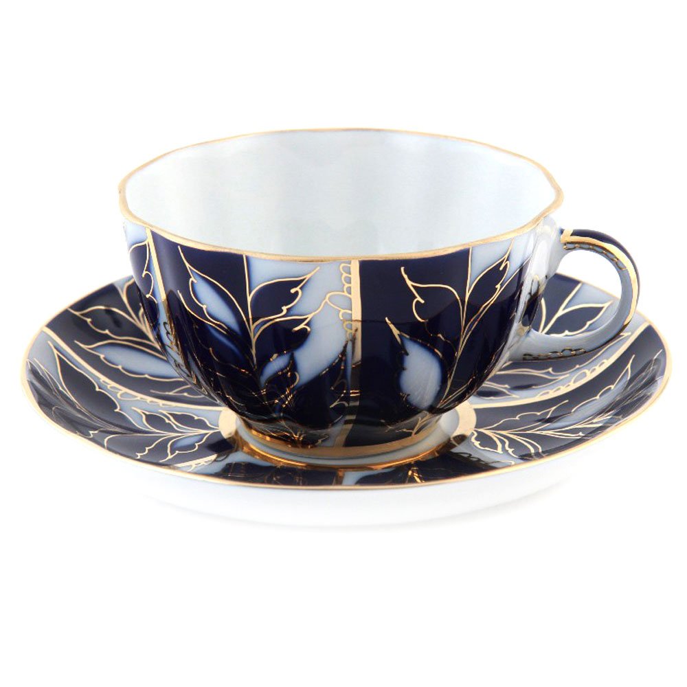 Lomonosov Porcelain Tea Set Tulip Winter Night 6/14: Tea Pot, Sugar Bowl, 6 Cups with Saucers