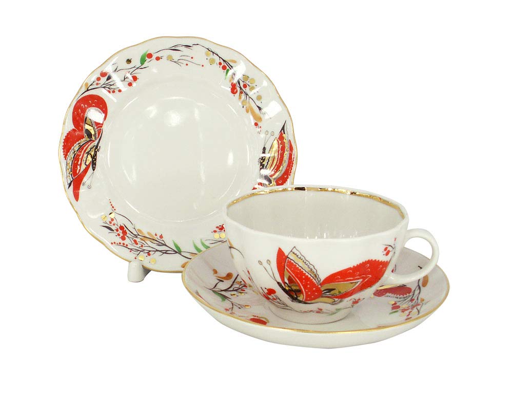 Lomonosov Porcelain Tea Set Cup, Saucer and Cake Plate Red Butterflies 3pc