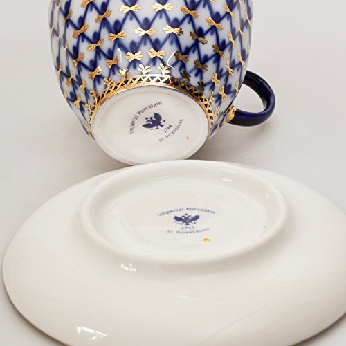 Imperial / Lomonosov Porcelain Coffee Cup w/ Saucer 'Cobalt Net'