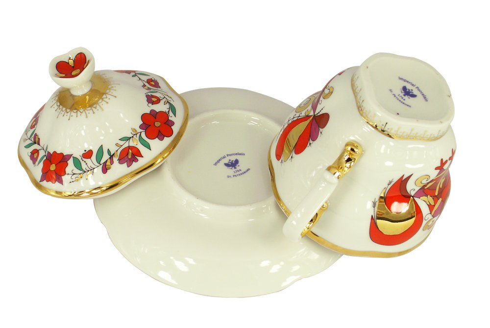 Lomonosov Porcelain Covered Cup Set Gift-2 Red Rooster 8.45 oz/250 ml