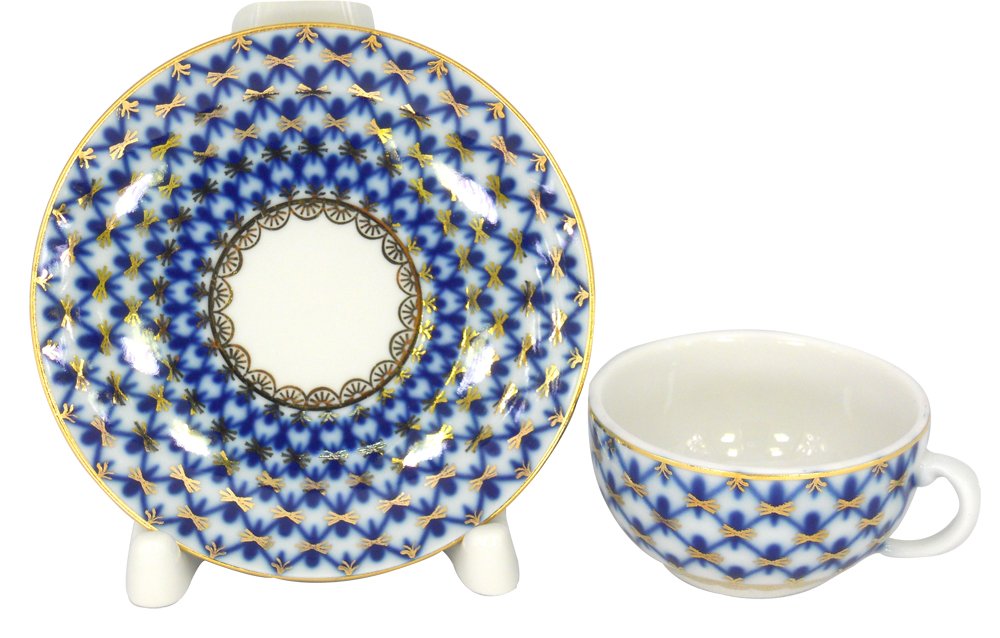Lomonosov Imperial Porcelain Espresso Coffee Tea Cup with Saucer Cobalt Net