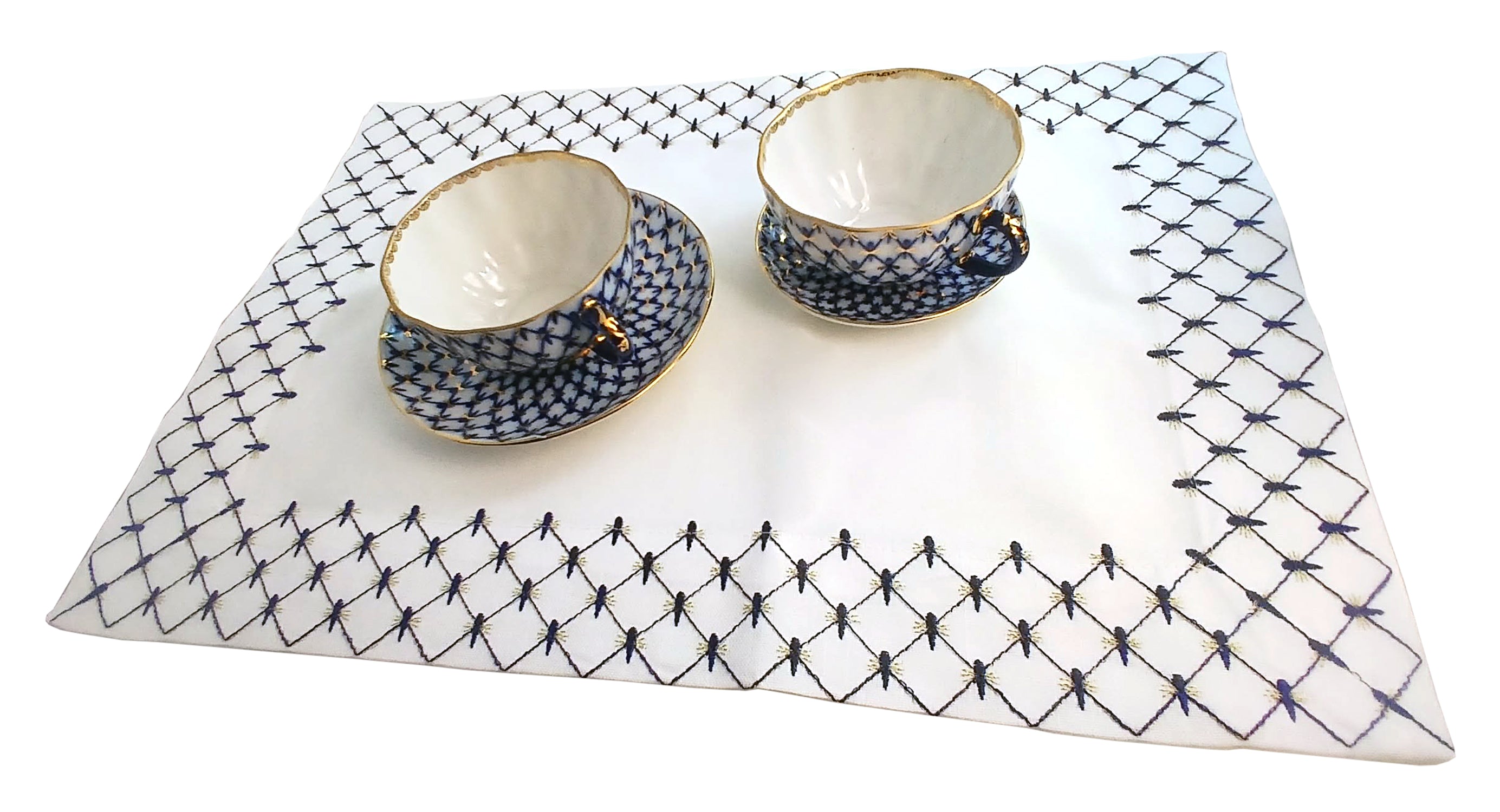 Lomonosov Embroidered Cobalt Net Patterns Table Accessories Set of 4
