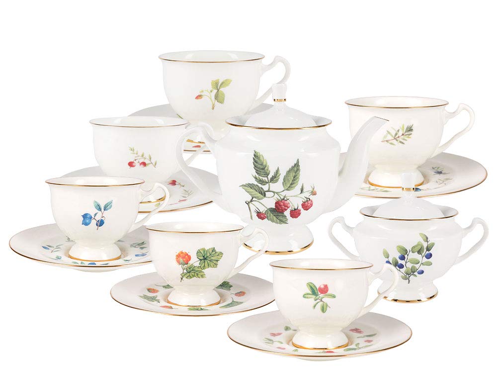 Lomonosov Porcelain Bone China Tea Set 6/14 Aisedora Flowers and Berries