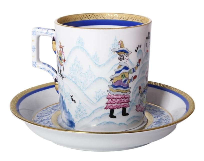 Lomonosov Porcelain Tea Set 4/10 Winter Fun, medium, White, Blue, Gold