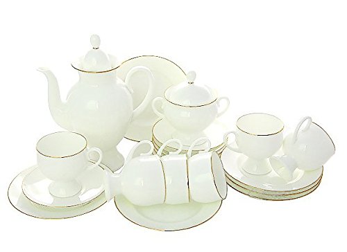 Lomonosov Bone China Porcelain Espresso Coffee Set for 6 White Golden Ribbon 20 pc