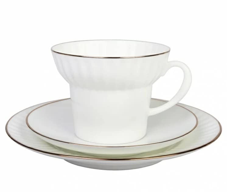 Lomonosov Porcelain Cup, Saucer and Plate Wave Golden Edge Bone China 5.3oz/155 ml