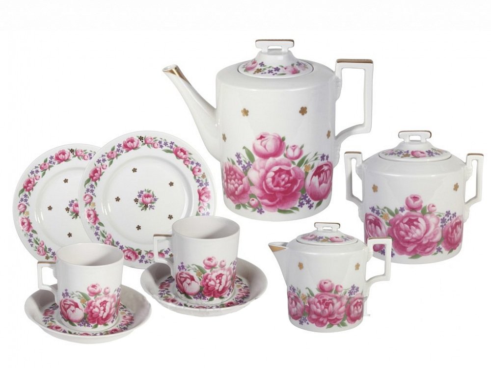Lomonosov Porcelain Tea Set 6/20 Romantic Date: Tea Pot, Sugar Bowl, 6 Cups with Saucers, 6 Cake Plates