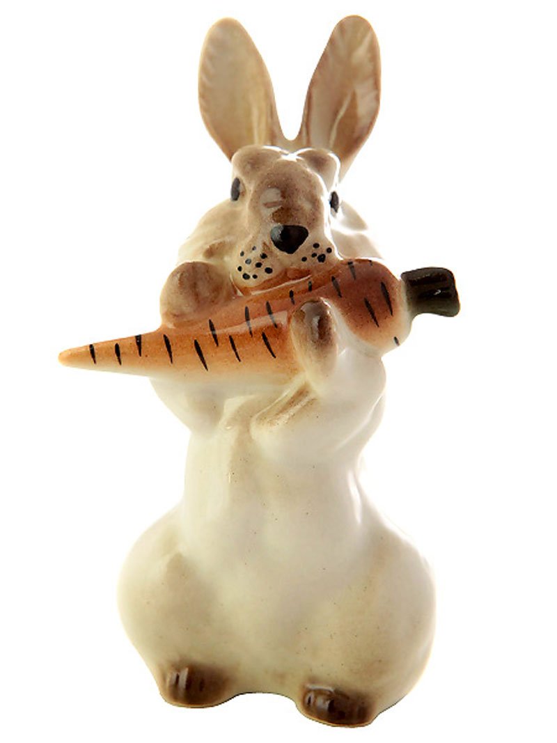 Lomonosov Imperial Porcelain Figurine Bunny Rabbit Hare with Carrot Tiny, White, Gray, pf005-tiny