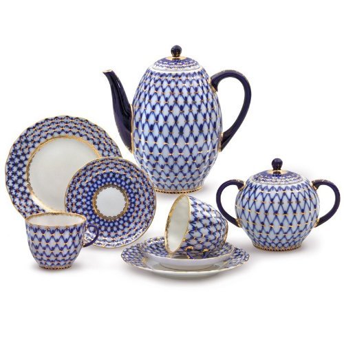 Imperial/Lomonosov Porcelain 'Cobalt Net' Coffee Set 20 pc. for 6 persons