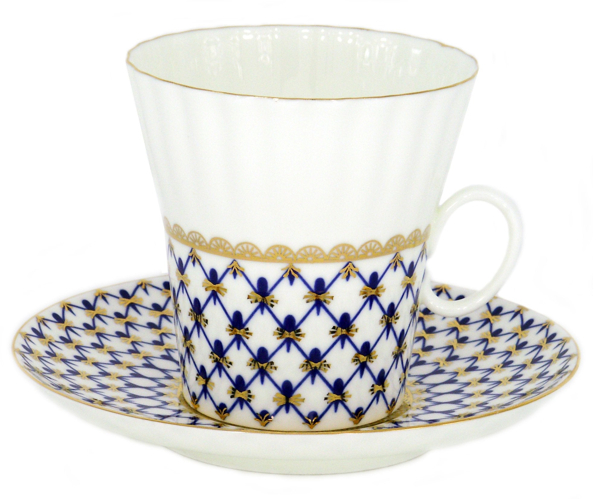 Lomonosov Porcelain Bone China Set Coffee Cup and Saucer Cobalt Net Dandelion